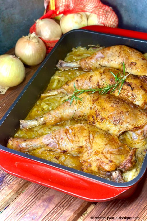 Cuisse de poulet aux oignons confits